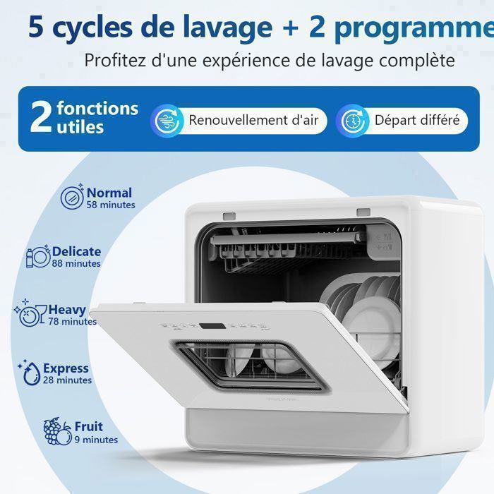 Mini lava-louças AIRMSEN, sem necessidade de instalação hidráulica, 5 serviços, 9 programas, de instalação livre, reservatório de 5 litros para sal e amaciante de roupas, ideal para cozinhas pequenas.