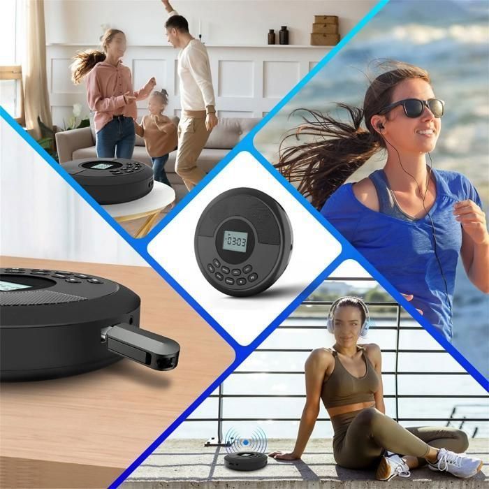 Reproductor de CD portátil Bluetooth negro - Altavoces integrados, USB, batería de 1500 mAh, resistente a golpes, HiFi, compacto - 145 x 145 x 30 mm