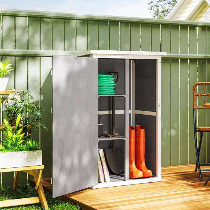 Cabanon & Chalet & Abri de Jardin Gris en Bois de Sapin, Toit Bitumé, Porte Verrouillable, 2 Étagères - 75x56x115 cm |