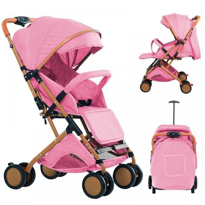 Cochecito MIPAN ligero y compacto - Cochecito de viaje plegable - Reclinable - Con capota y mosquitera + arnés de 5 puntos - Rosa