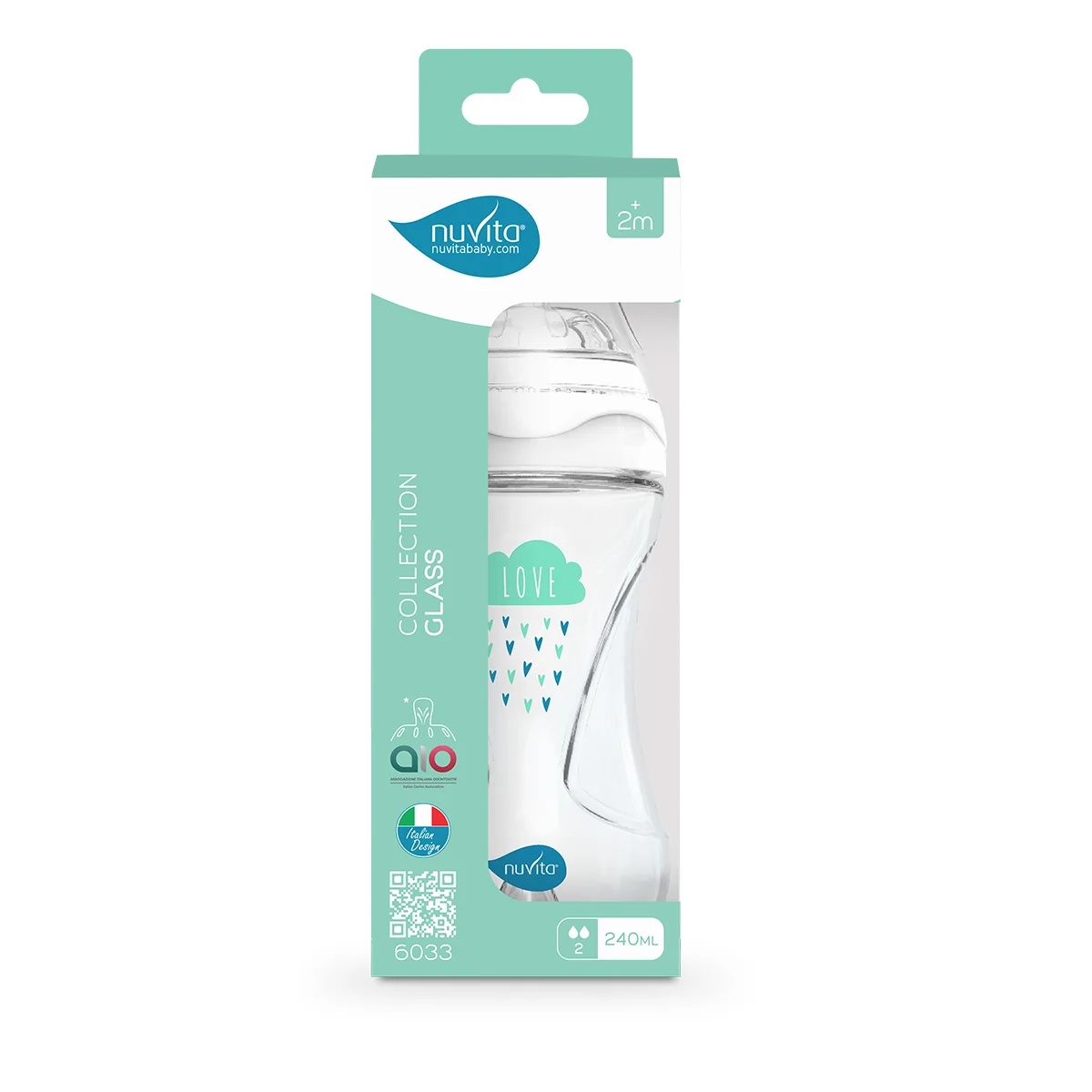 Mamadeira de vidro NUVITA Nuvita Collection com válvula anticólica 240 ml, branca