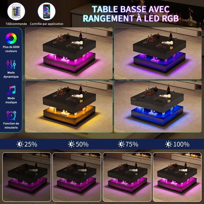 Table Basse - Moderne - Plateau Extensible - 2 Tiroirs - Éclairage LED - Noir