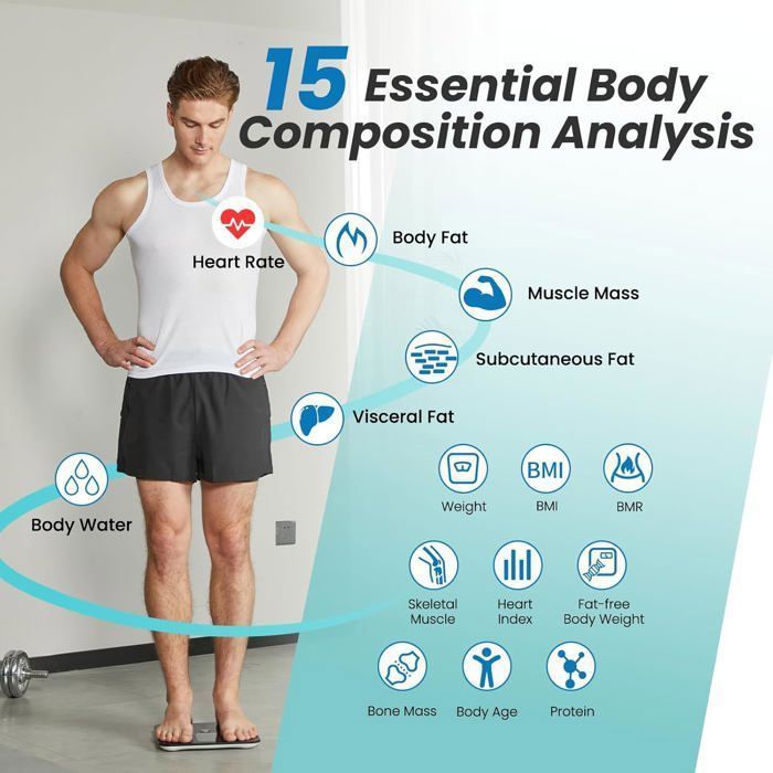 Balanza inteligente para baño con pantalla VA, 15 puntos de datos corporales y monitor de frecuencia cardíaca para aplicaciones Android e iOS, máx. 180 kg.
