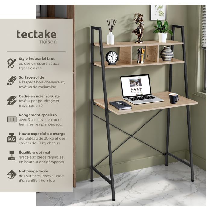 Desk - TECTAKE - EXETER desk in wood and steel 85.5 x 46.5 x 140 cm - Light wood