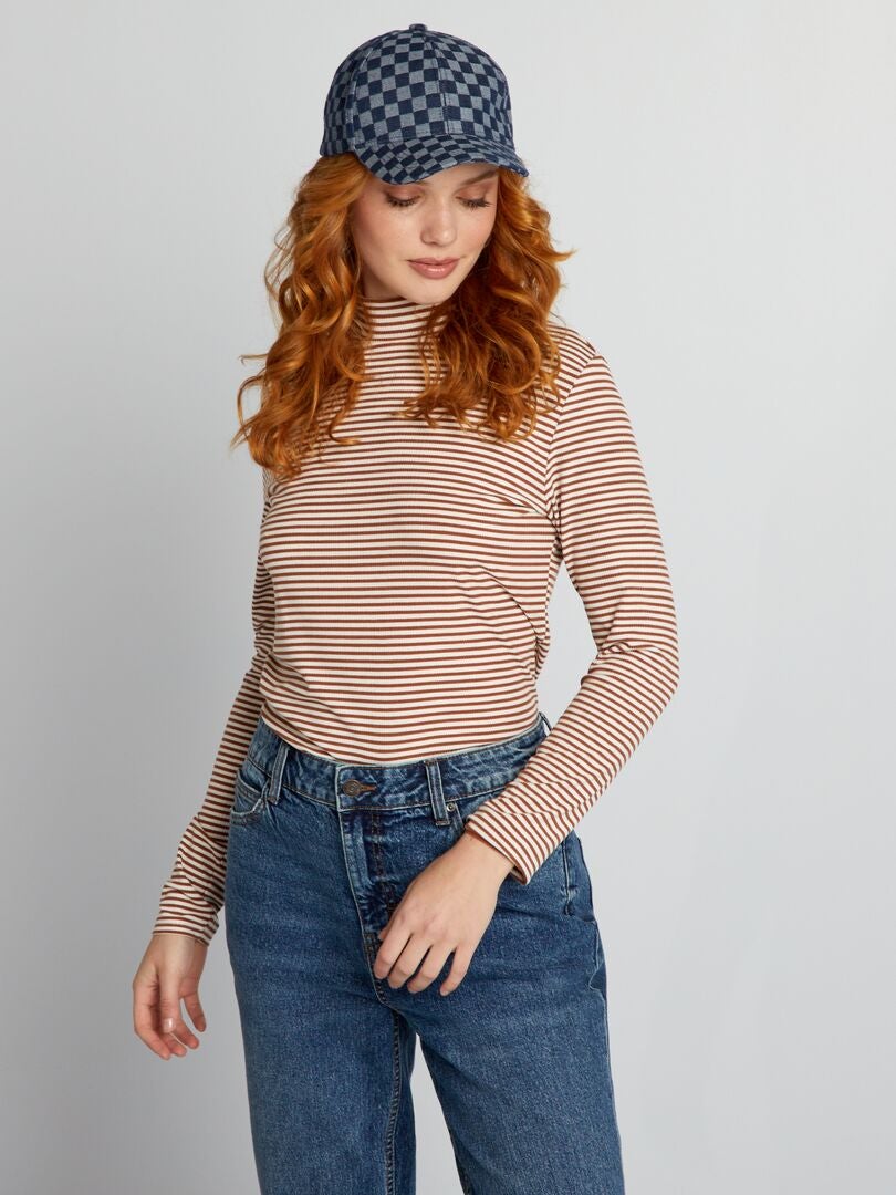 Blusa de gola alta canelada listrada - BRANCA