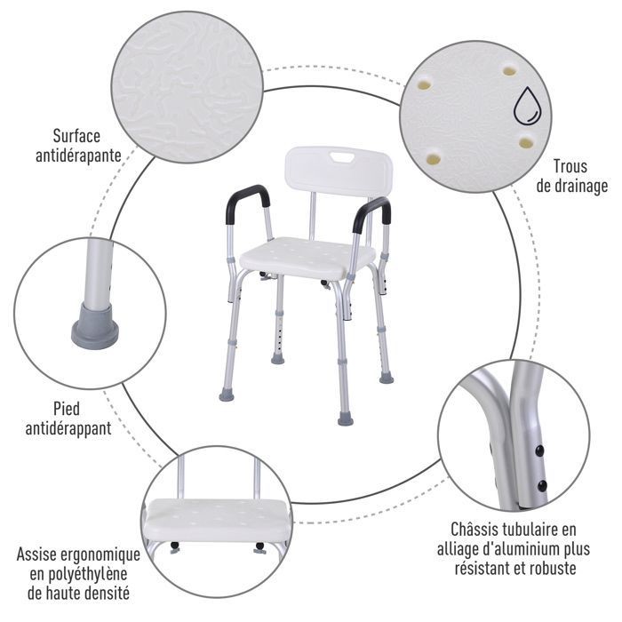 Chaise de douche - HOMCOM - hauteur réglable pieds antidérapants dossier accoudoirs amovibles - alu HDPE - blanc