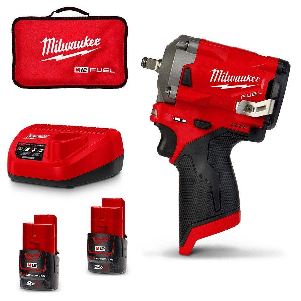 Jogo de Chaves de Impacto Milwaukee 12V FUEL™ 2 x 2.0AH com Haste Curta de 3/8