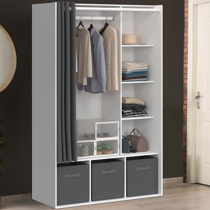 IDMARKET DIANE wardrobe 105 x 45 x 167 cm white with shelves + storage boxes + grey curtain