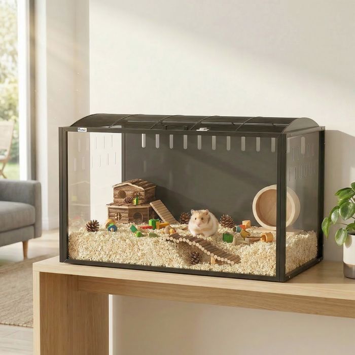 Cage à hamster - habitat pour rongeur - PawHut - acier et acrylique transparent vue panoramique et toit ouvrant - 105x51x53cm - noir