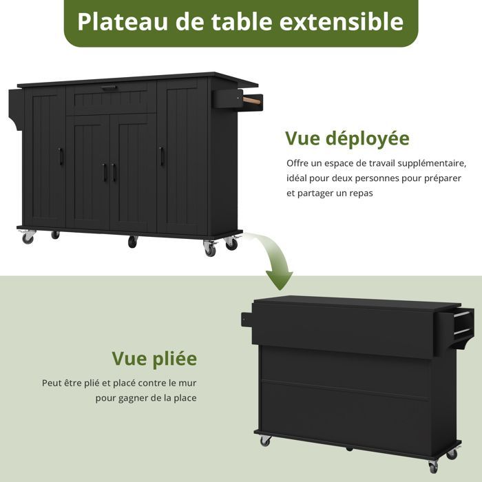 Isla de cocina con almacenamiento integrado, encimera extensible, 4 puertas, 1 cajón, ruedas con freno, 120x45(70)x95cm, negra