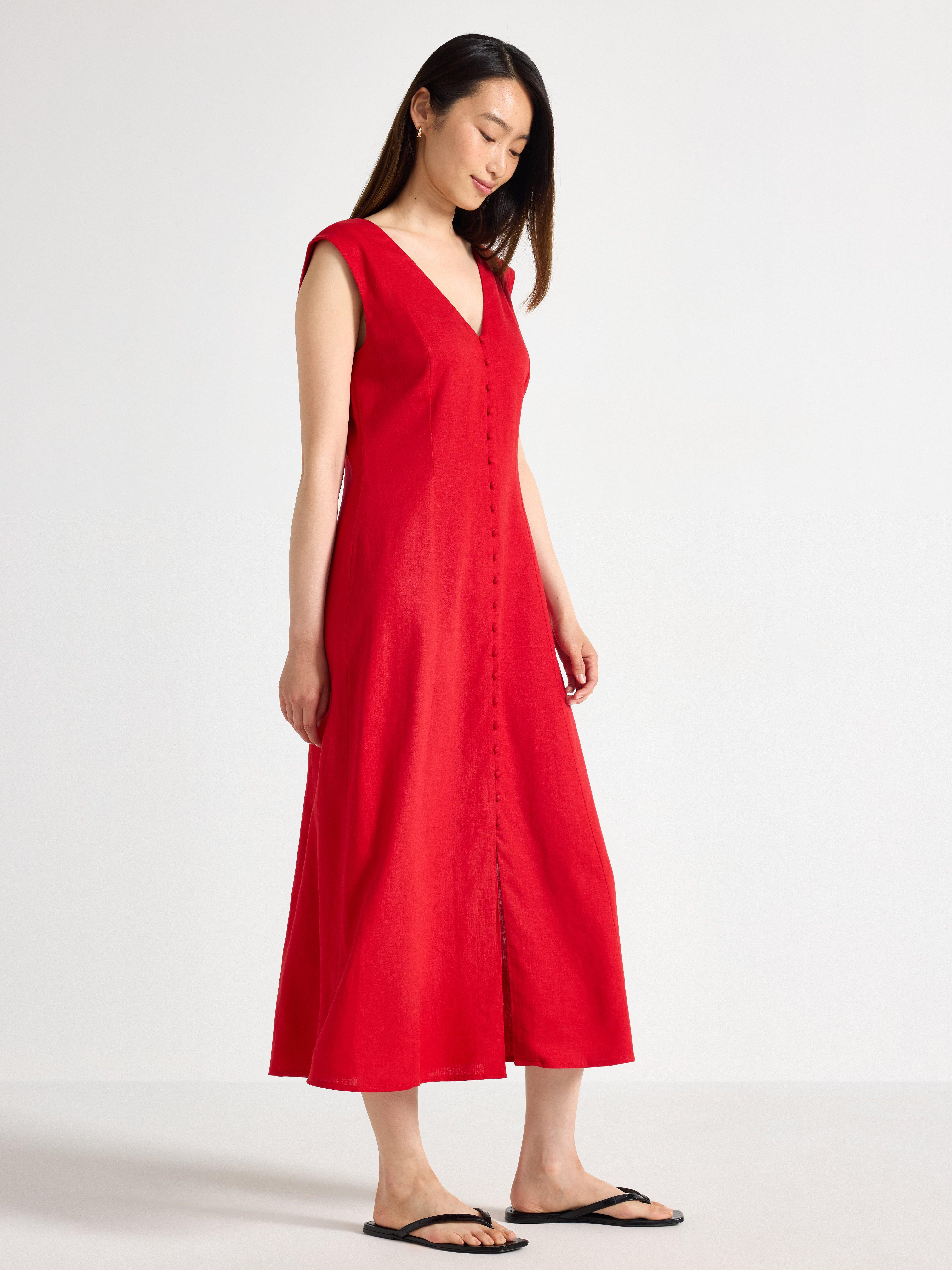 Vestido midi de mezcla de lino rojo oscuro