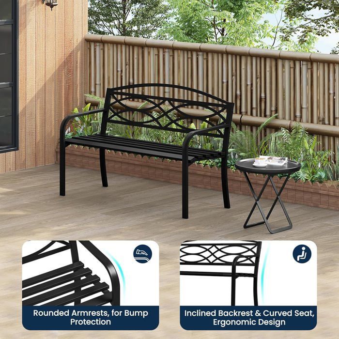 WOLTU tuinbank, metalen buitenbank, weerbestendig, met rugleuning en armleuningen, 127,5x59,5x83cm, zwart