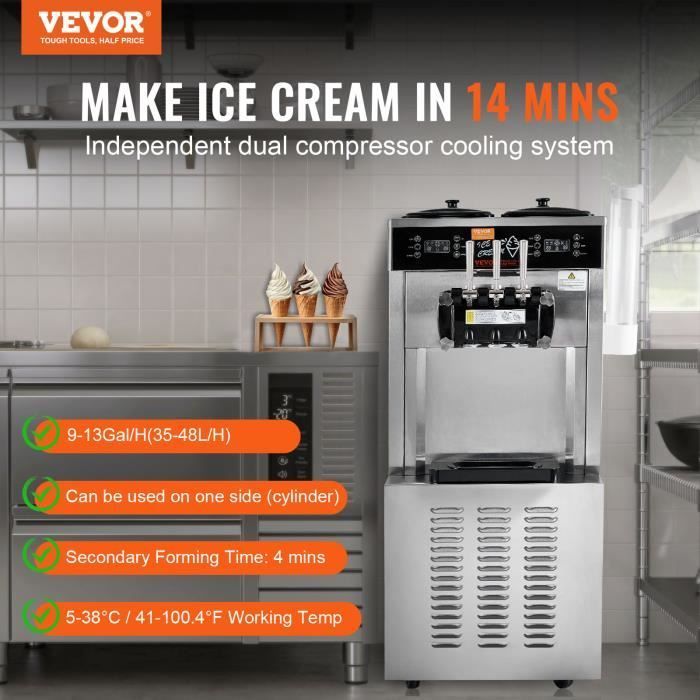 Eismaschine - VEVOR - Italienische Eismaschine mit 3 Geschmacksrichtungen, 34-44 l/h, LED-Bedienfeld, Nachtkühlung