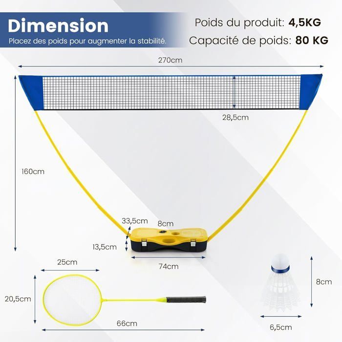 Juego de red de bádminton portátil GYMAX de 275 cm, con 2 raquetas, 2 volantes, caja de almacenamiento, fácil montaje - Amarillo