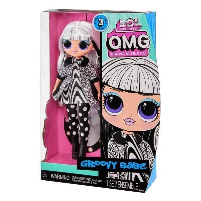 LOL Surprise OMG - Poupée Mannequin 24cm - 1 poupée Groovy Babe + 1 support pour poupée + 1 brosse