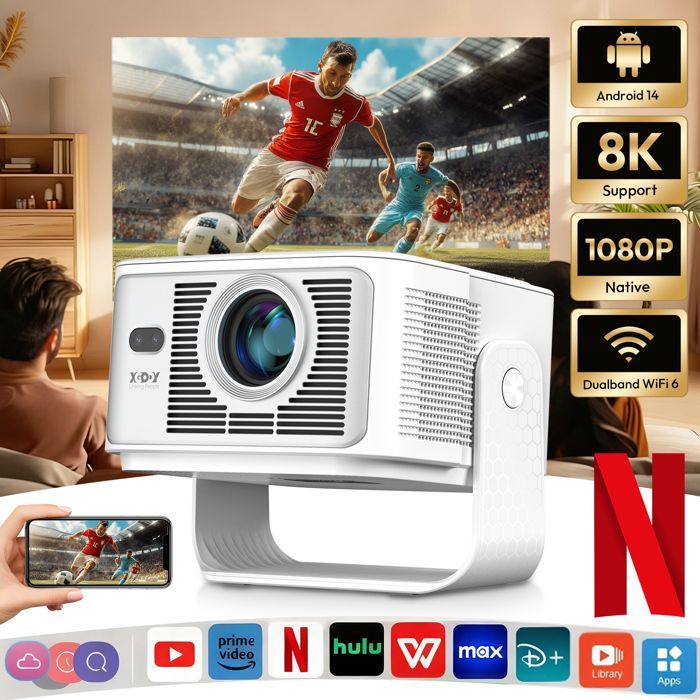 Vidéoprojecteur Support 8K Android 14 Auto Focus/Keystone Smart Projecteur 900ANSI WiFi6 Bluetooth5.4, 1080P Native FHD HDMI/USB