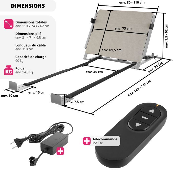Estructura de cama - TECTAKE - COSY GLIDE con respaldo eléctrico, base de láminas regulables continuamente y motor silencioso - 110 x 243 x 62 cm