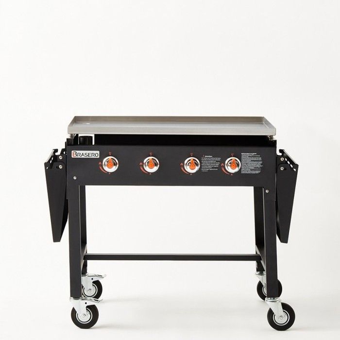 Plancha au gaz BRASERO Carmen sur chariot - 4 brûleurs - Plaque inox - 90 x 45,5 cm - chariot pliable tablettes rabattables, Noir