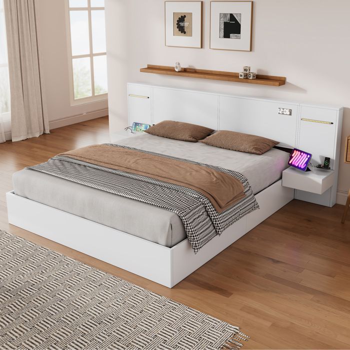 Cama doble de 180x200 cm - Cama para adultos con reloj electrónico y puerto USB, tira de LED, colchón no incluido, MDF, blanca