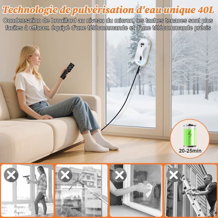 Robot Laveur Vitre Electrique 5600Pa - 40ml Réservoir Pulvérisation d'eau - Nettoyage automatique 3 Modes, Télécommande&10 Chiffons