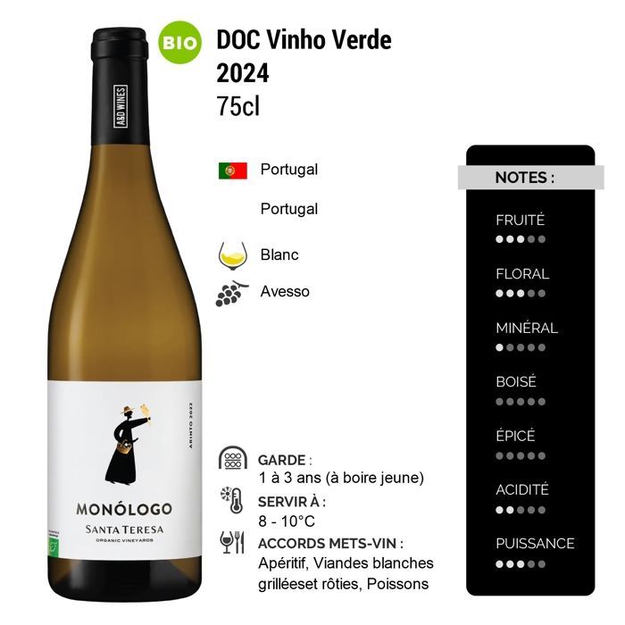Quinta Santa Teresa Vinho Verde Monólogo Arinto P24 2024 - Vin Blanc du Portugal (3x75cl) BIO.