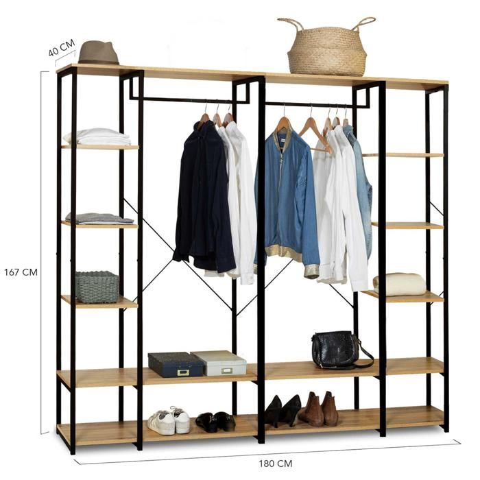 IDMARKET DETROIT modular double wardrobe with shelf, 180 cm wide, industrial design