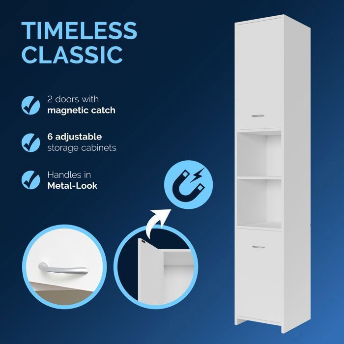 CASARIA® Colonne de salle de bain blanche Armoire de rangement 180x30x30cm Meuble haut de salle de bains Étagère 6 niveaux