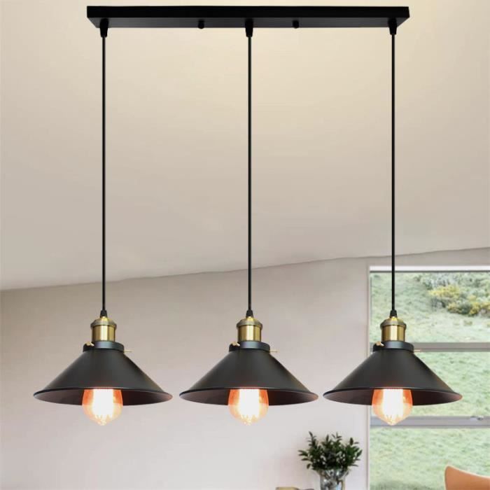 U-Do Ajustable Lustre design Moderne 3 Lampes Suspension en Fer Noir Lampe Longue Pôle Lustre Intérieur pour Cuisine Bureau Salon