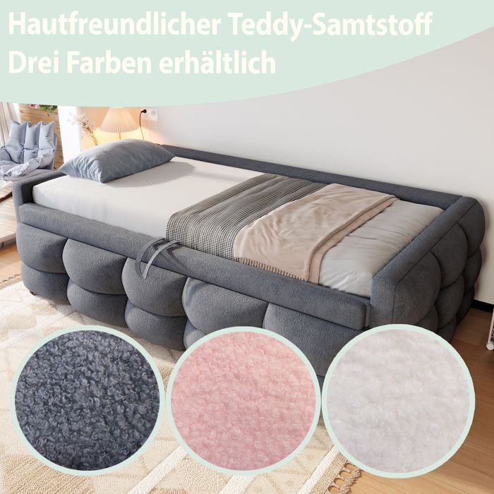 Sofá cama tapizado/cama extensible - 90/180x190 cm - Gris - Tejido de terciopelo Teddy - Multifuncional - Base de láminas