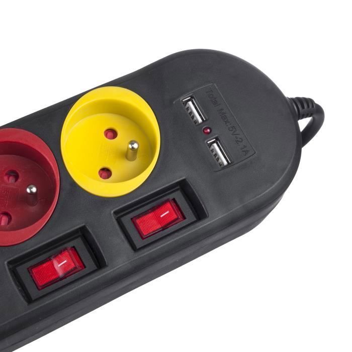 Regleta eléctrica Maclean MCE229 B con 4 tomas de corriente y 2 puertos USB, interruptores individuales y cable de 1,5 m en color negro.