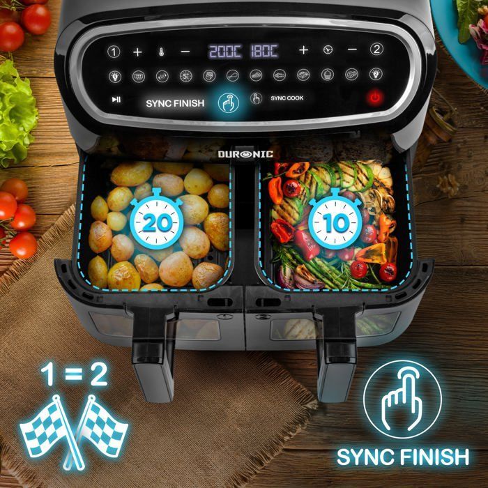 Set friggitrice ad aria Duronic AF34 BK con 1 cassetto grande da 10 litri e 2 cassetti piccoli da 5 litri inclusi | 10 programmi di cottura preimpostati