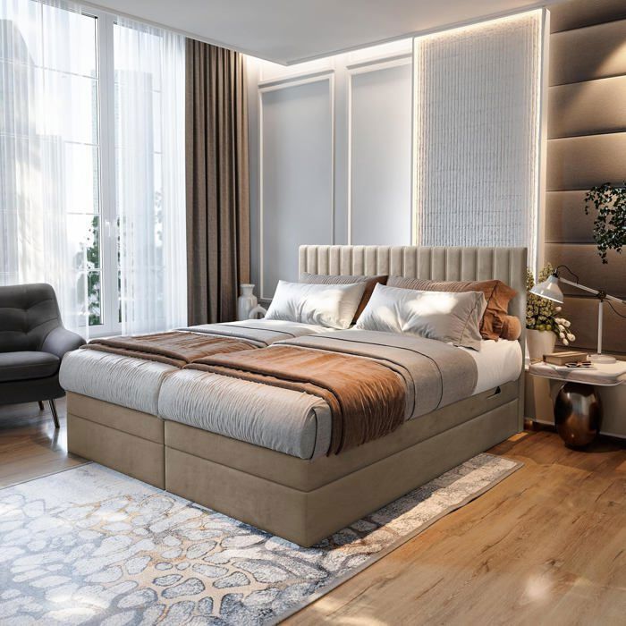 Letto matrimoniale ADÈLE - materasso e base elettrica regolabile - 160x200 cm - velluto beige