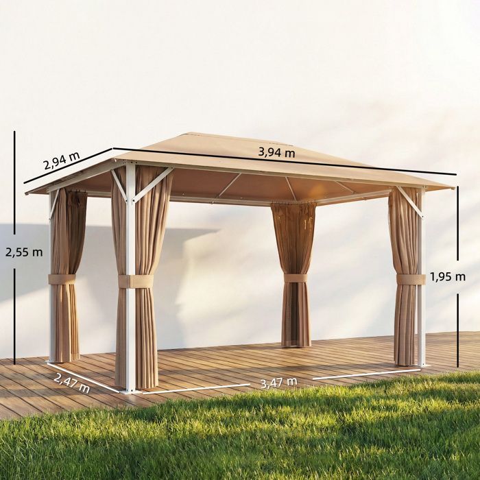 Tonnelle de jardin - pavillon - structure stable en métal 60mm UV50+ et 10 trous de drainage - polyester - 394x294x255cm - khaki