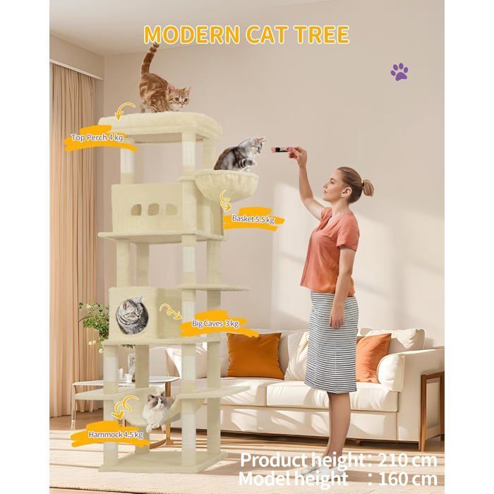 210 cm Large Cat Tree, Cat Tower for Indoor Cats, with Large Perch, Washable Mat, 2 Cat Caves, Hammock, Beige