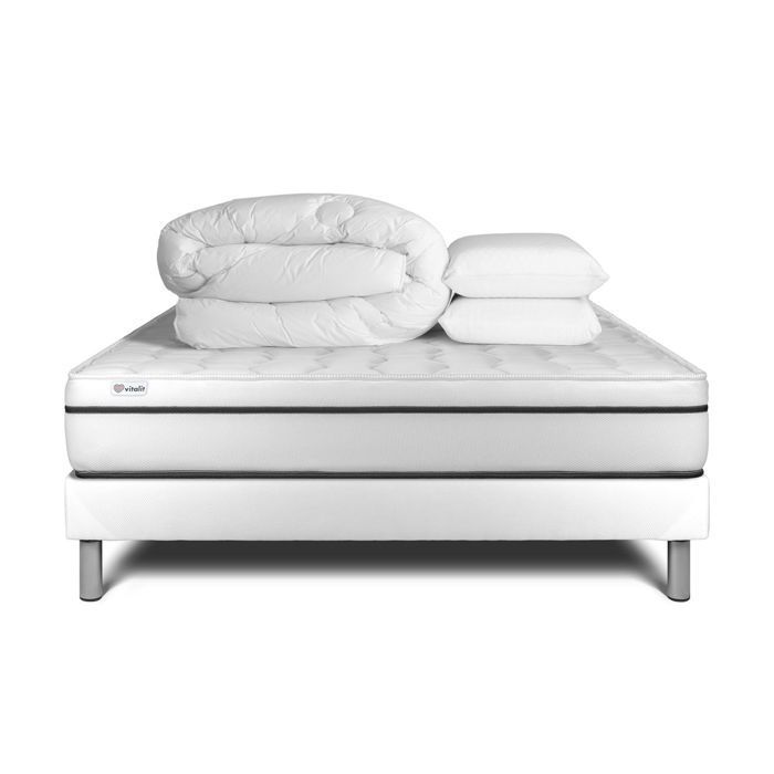 Pack lit complet 180x200 cm - Matelas + Sommier Blanc (en kit) + 2 oreillers + Couette - Vital Spa Blanc