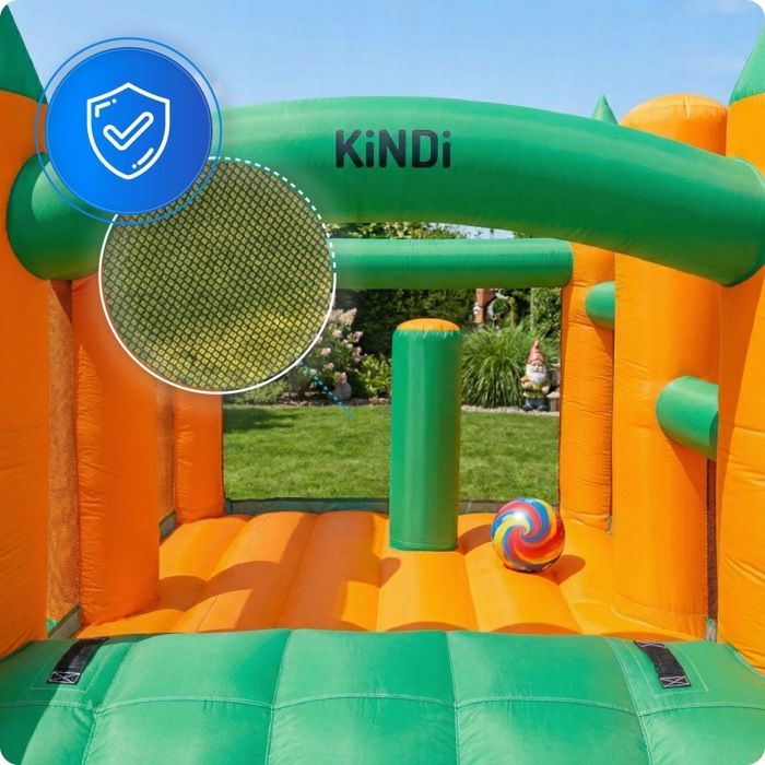KINDI inflatable children's play area with large castle, basket, blower, and slide set