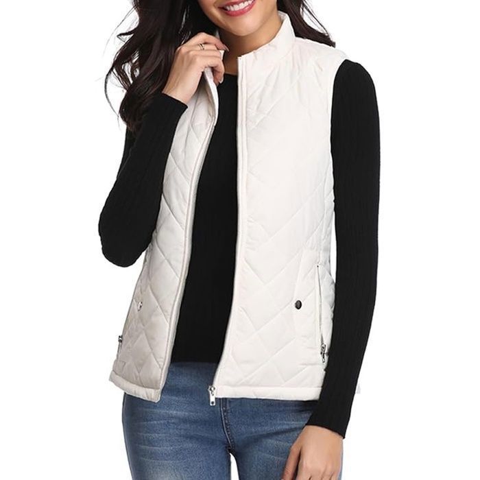 Gilet Sans Manches Femme - Zippé Veste Hiver Gilet-Doudoune Léger Hiver/Automne - Pour Voyage/Travail-Blanc