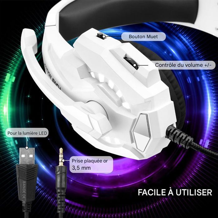 Fone de ouvido para jogos PS5 com microfone com cancelamento de ruído e luz LED - Áudio estéreo com graves potentes - para PS5, PS4, Xbox, Nintendo e PC