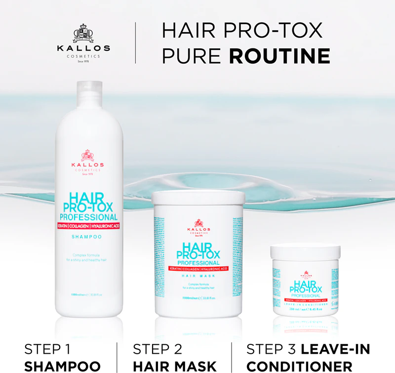Máscara Kallos Hair Pro-Tox para cabelos fracos e danificados com óleo de coco, ácido hialurônico e colágeno.