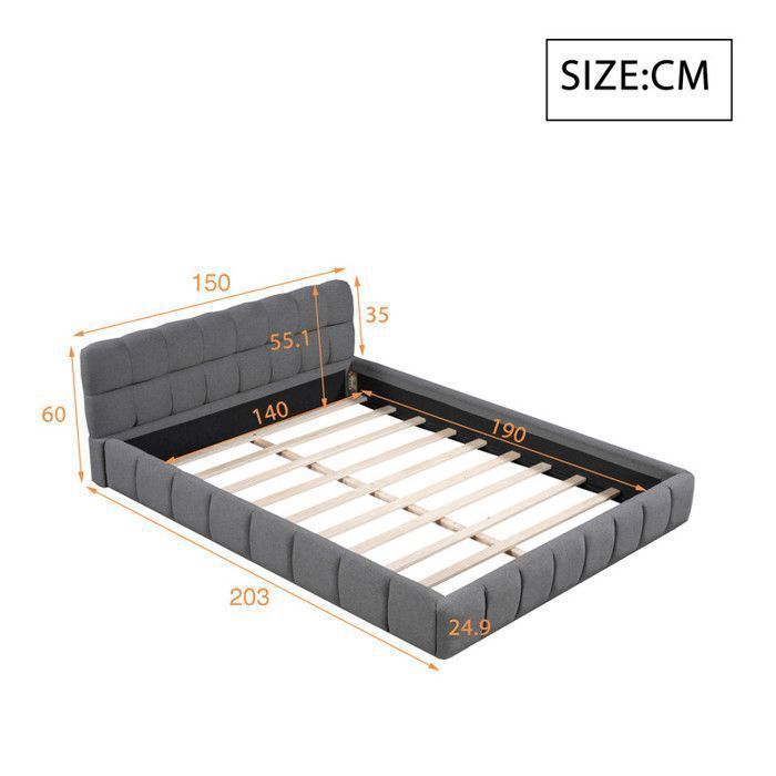 Cama de 140 x 190 cm con cabecero y somier de láminas, cama doble, cama tapizada a ras de suelo, estructura de cama de 140 x 190 cm con somier de láminas, lino, gris