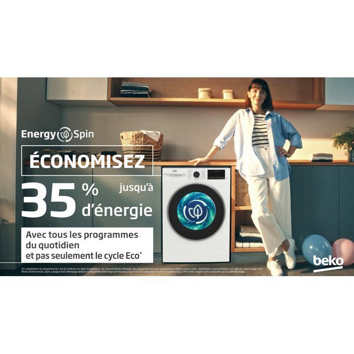 Lave-linge hublot BEKO B7WFU39411WDOS Série bPro 700 - 9 kg - Induction - L60cm - 1400 trs/min - Classe A - Autodose - Blanc
