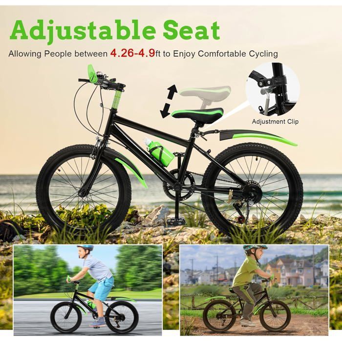 Bicicleta de montaña de 20 pulgadas para niños, bicicleta de montaña ajustable con guardabarros, portabotellas, capacidad de carga de 85 kg, para niños y niñas.