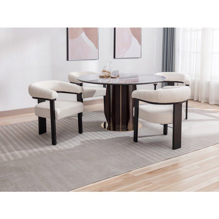 Silla con reposabrazos en tejido bouclé y madera de caucho negra - Blanca - LIVELIA