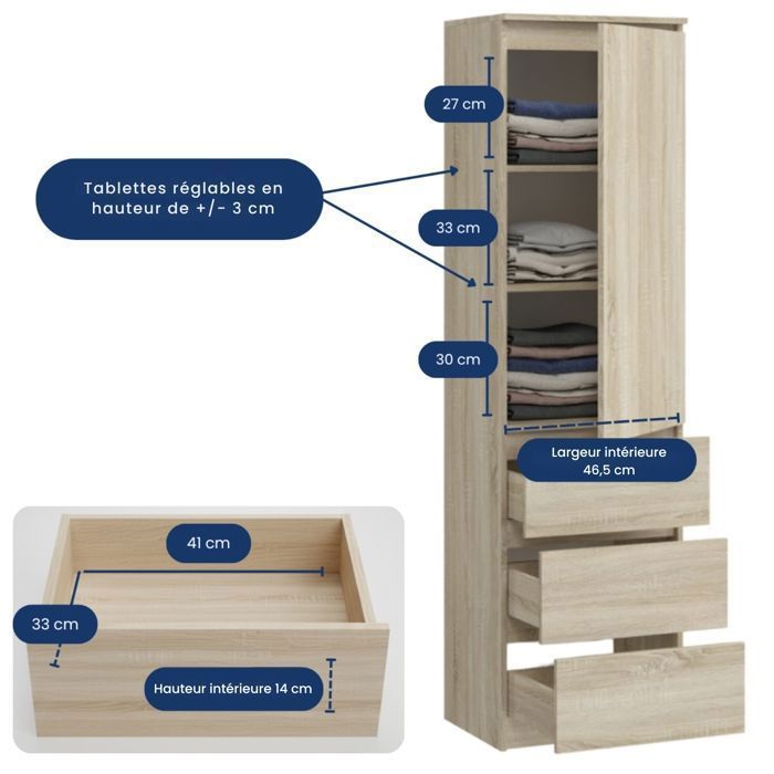 Armario de almacenamiento de 3 cajones y 3 estantes - Armario de oficina - Mueble de almacenamiento para dormitorio - 50x40x180 cm - Sonoma