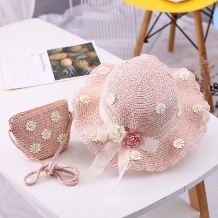 Conjunto de sombrero de paja y bolso para niña FUNMOON, pequeño, de 2 piezas, con estampado floral, nueva colección - 592021
