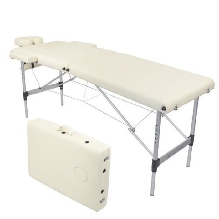 Camilla de masaje plegable ligera Mobiclinic CA-01, de aluminio portátil, altura regulable, reposacabezas, bolsa de transporte, color crema.