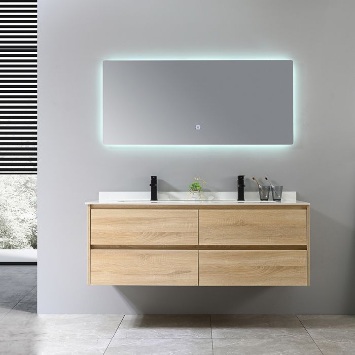 Móvel de banheiro LuxuryBain com pia dupla de 140 cm em madeira com efeito mármore branco e espelho com LED LB-8475