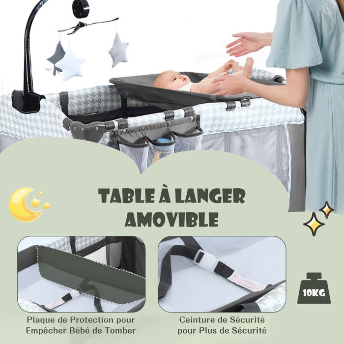 Cuna de viaje plegable 3 en 1 para bebés de 0 a 36 meses, cama de viaje con colchón, cambiador, caja de música y juguetes colgantes.