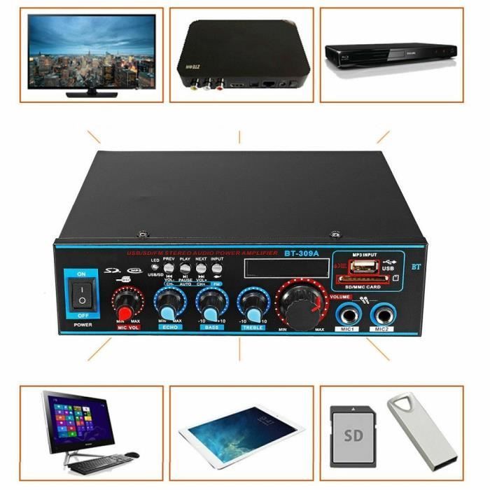 Amplificador Bluetooth 5.0 BT-309A de 220 V y 800 W para altavoces (enchufe europeo)