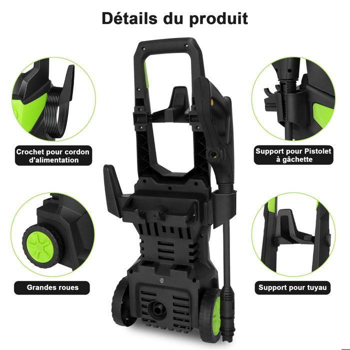 Nettoyeur haute pression électrique, avec Pistolet Haute Pression Réglable, Flexible 10m, Canon à mousse (1600W, 440 l/h, 150bar)